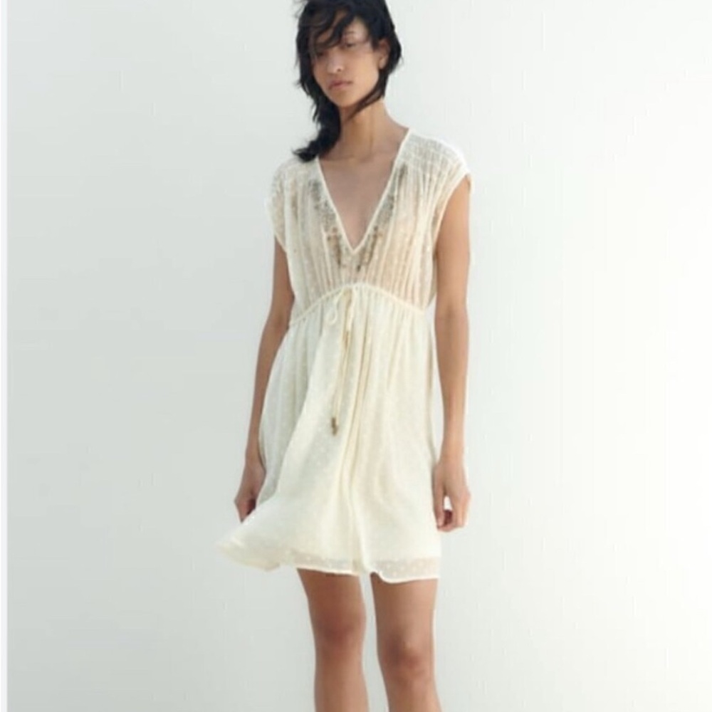 ZARA Elegant Cream Dress with Plunge Neckline